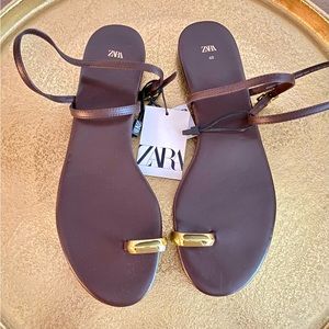 ZARA METAL RING TOE-POST LEATHER SANDALS